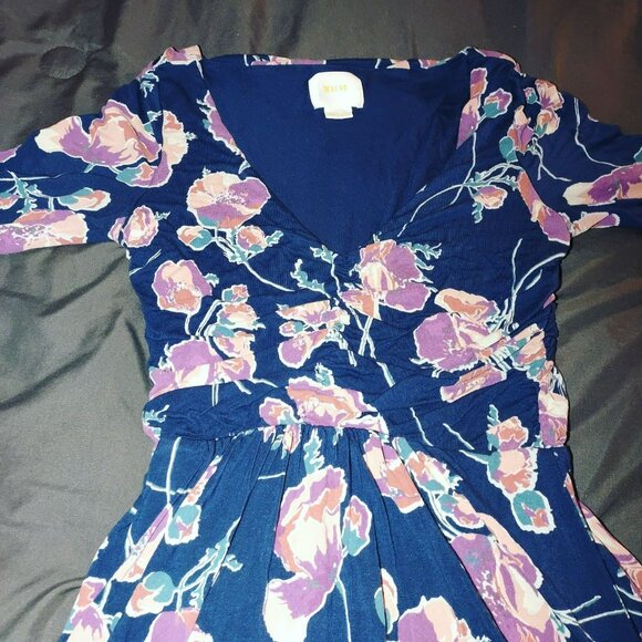 Maeve by Anthropologie Womens Heppel Ruched Dress Size SP Navy Floral High Low - Picture 2 of 6